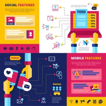 Social Network Features Flat Banners Composition Ilustración de archivo