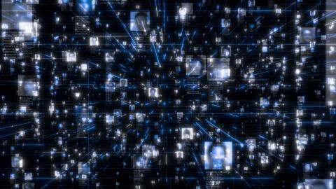 Social network as a flow of bright people portraits moving along dark blue Stock Illustration