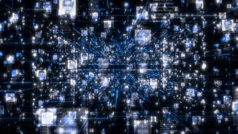 Social network as a flow of bright people portraits moving along dark blue Illustrazione stock