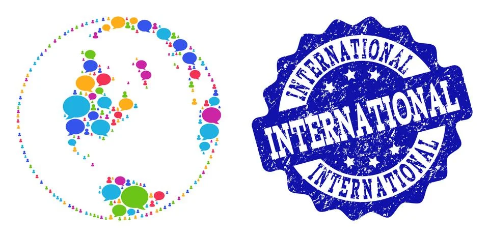 Social Network Global Map of World with Chat Bubbles and Scratched Stamp Stock Illustration
