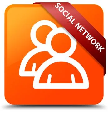 Social network (group icon) orange square button red ribbon in corner Stock Illustration
