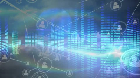 Social network icons and data visualization animation over abstract background Video stock 305133795