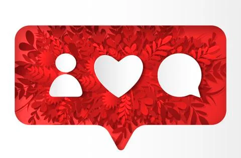 Social network icons pack. Like, comment, followon the red plants, paper cut Stock Illustration