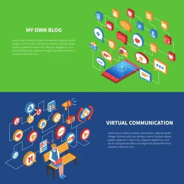 Social Network Isometric Banner Set Stock Illustration