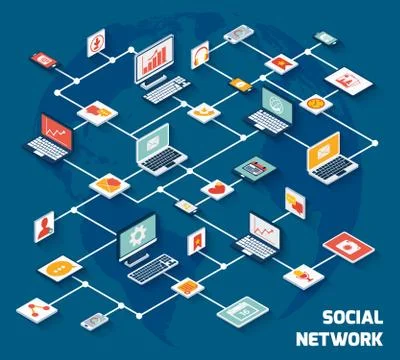 Social network isometric Illustrazione stock