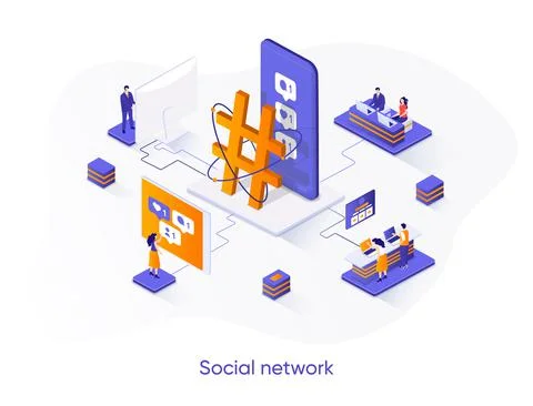 Social network isometric web banner. Stock Illustration