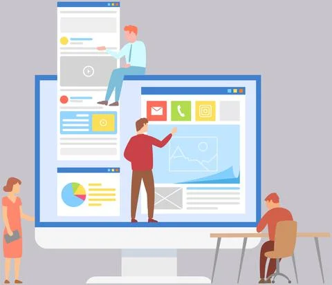 Social network layout, program interface design on monitor. People work with 스톡 일러스트