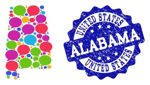 Social Network Map of Alabama State with Speech Bubbles and Textured Seal 스톡 일러스트
