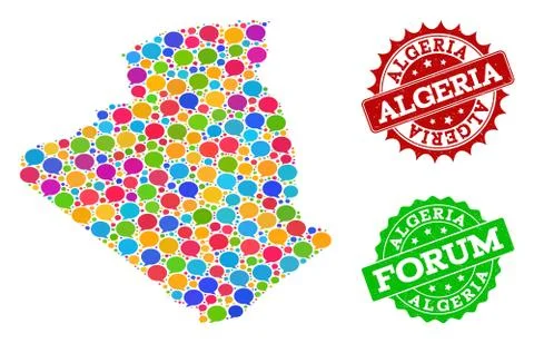 Social Network Map of Algeria with Message Clouds and Scratched Seals Stock Illustration