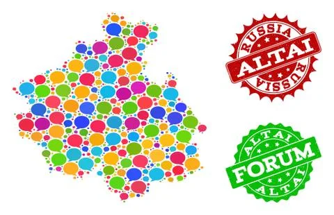 Social Network Map of Altai Republic with Message Clouds and Textured Watermarks Stock Illustration