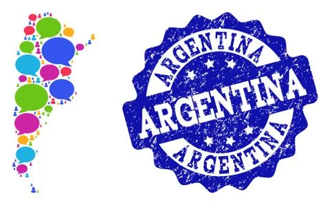 Social Network Map of Argentina with Message Bubbles and Scratched Stamp Stock Illustration
