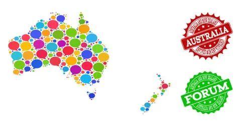 Social Network Map of Australia and New Zealand with Speech Bubbles and Grunge Stock Illustration