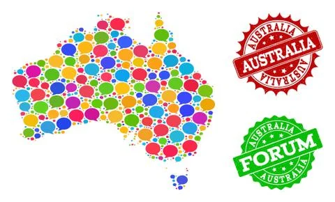 Social Network Map of Australia with Message Clouds and Textured Stamps Stock Illustration