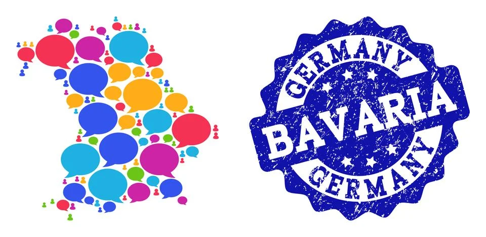 Social Network Map of Bavaria State with Speech Bubbles and Scratched Seal 스톡 일러스트