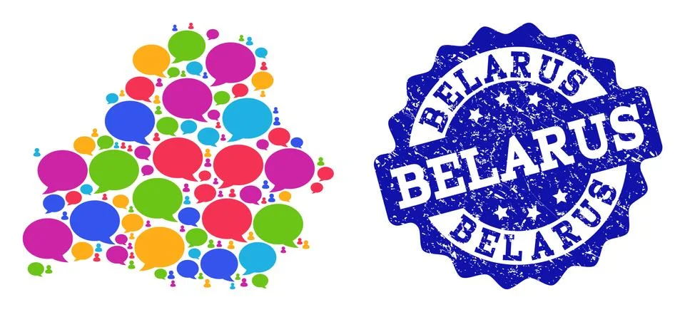 Social Network Map of Belarus with Message Bubbles and Scratched Seal Stock Illustration