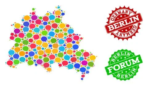 Social Network Map of Berlin City with Talk Bubbles and Scratched Watermarks Illustrazione stock