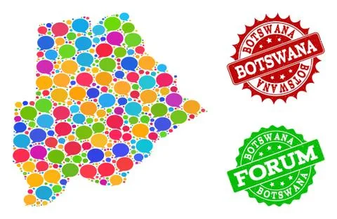 Social Network Map of Botswana with Message Bubbles and Grunge Watermarks Stock Illustration