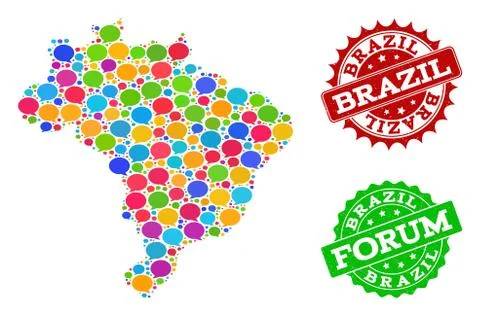 Social Network Map of Brazil with Speech Bubbles and Scratched Stamps Stock Illustration