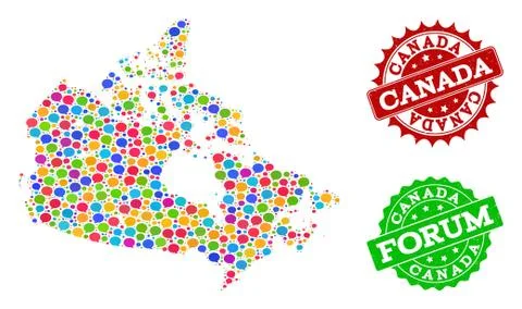 Social Network Map of Canada with Speech Bubbles and Scratched Watermarks Stock Illustration