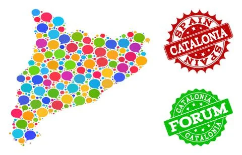 Social Network Map of Catalonia with Speech Bubbles and Distress Watermarks Stock Illustration