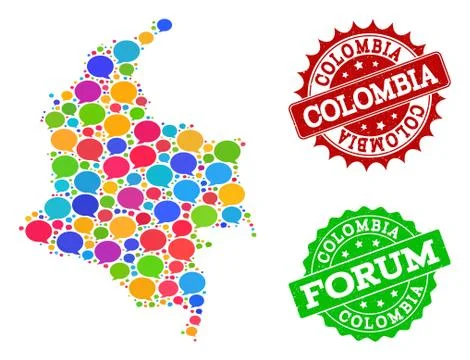 Social Network Map of Colombia with Talk Bubbles and Scratched Watermarks Stock Illustration