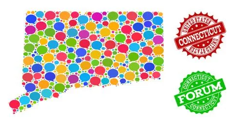 Social Network Map of Connecticut State with Talk Bubbles and Distress Stamps Stock Illustration