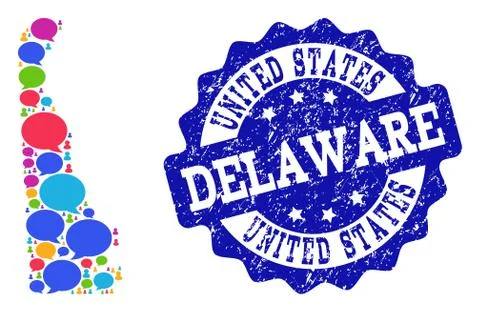 Social Network Map of Delaware State with Message Bubbles and Textured Seal 스톡 일러스트