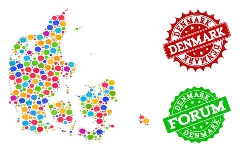 Social Network Map of Denmark with Chat Bubbles and Grunge Watermarks Stock Illustration