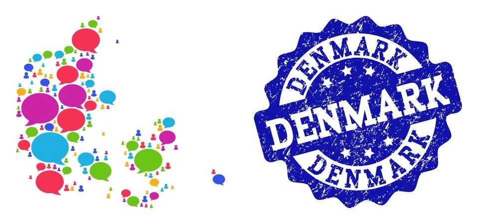 Social Network Map of Denmark with Message Bubbles and Scratched Stamp Stock Illustration