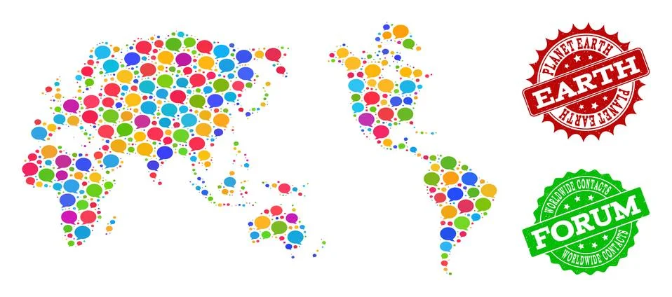 Social Network Map of Earth with Speech Bubbles and Grunge Watermarks Stock Illustration
