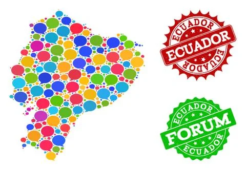 Social Network Map of Ecuador with Talk Bubbles and Scratched Stamps 스톡 일러스트