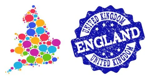 Social Network Map of England with Chat Bubbles and Grunge Stamp 스톡 일러스트