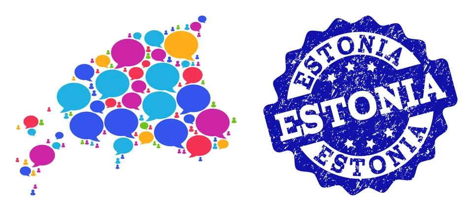 Social Network Map of Estonia with Chat Bubbles and Scratched Stamp 스톡 일러스트