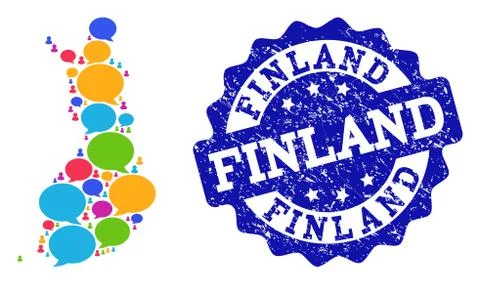 Social Network Map of Finland with Message Bubbles and Distress Stamp Stock Illustration