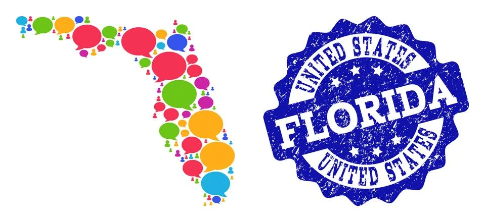 Social Network Map of Florida State with Chat Bubbles and Textured Stamp 스톡 일러스트