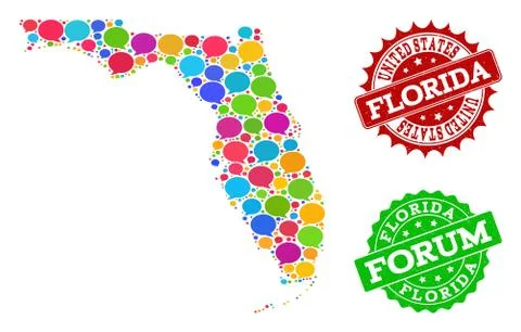 Social Network Map of Florida State with Speech Bubbles and Grunge Stamps Stock Illustration