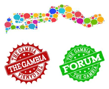 Social Network Map of the Gambia with Speech Bubbles and Textured Watermarks Stock Illustration
