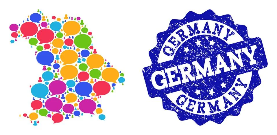 Social Network Map of Germany with Chat Bubbles and Textured Stamp Stock Illustration