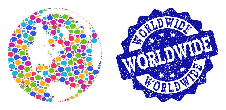 Social Network Map of Global World with Message Clouds and Textured Seal Stock Illustration