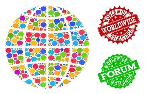 Social Network Map of Global World with Speech Bubbles and Textured Stamps Stock Illustration