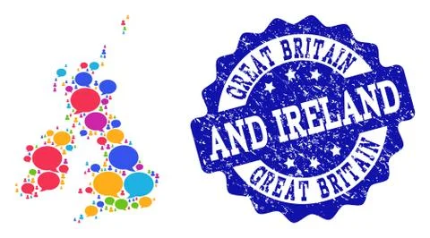 Social Network Map of Great Britain and Ireland with Talk Bubbles and Grunge Stock Illustration