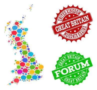 Social Network Map of Great Britain with Message Bubbles and Distress Watermarks Stock Illustration