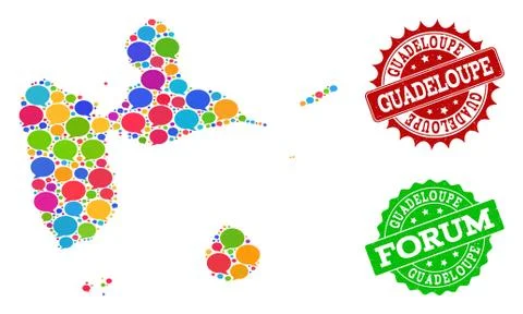 Social Network Map of Guadeloupe with Message Clouds and Scratched Seals Stock Illustration
