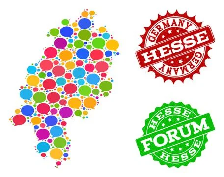 Social Network Map of Hesse State with Message Bubbles and Grunge Seals Stock Illustration