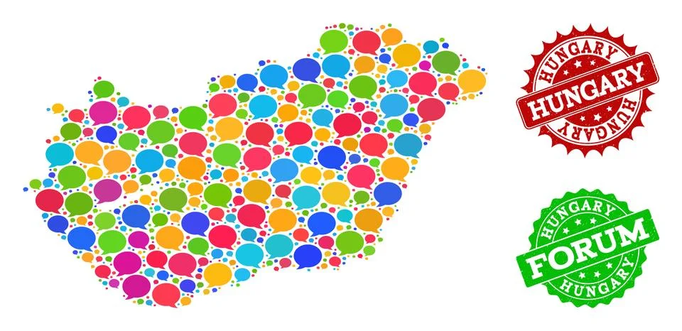 Social Network Map of Hungary with Chat Bubbles and Scratched Watermarks Stock Illustration