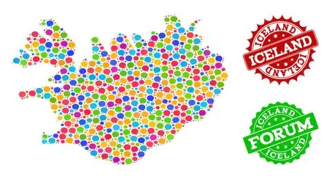 Social Network Map of Iceland with Talk Bubbles and Grunge Watermarks 스톡 일러스트