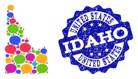 Social Network Map of Idaho State with Message Clouds and Textured Stamp Stock Illustration