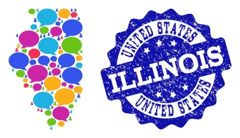 Social Network Map of Illinois State with Message Clouds and Distress Stamp Stock Illustration