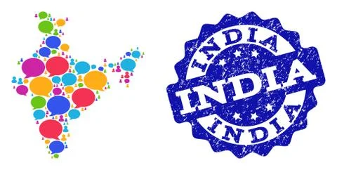 Social Network Map of India with Chat Bubbles and Textured Stamp Stock Illustration