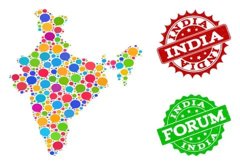 Social Network Map of India with Message Bubbles and Grunge Stamps Stock Illustration